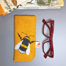 Load image into Gallery viewer, Yellow Harris Tweed glasses case with embroidered bee design