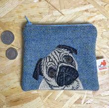 Load image into Gallery viewer, Pug coin purse - pink or blue Harris Tweed