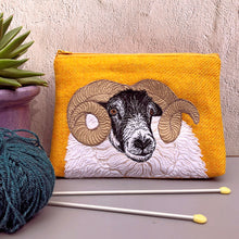 Load image into Gallery viewer, Embroidered sheep project bag made with yellow Harris Tweed by The Canny Squirrel