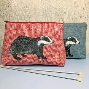 Purple Harris Tweed project bag with embroidered badger