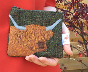 Highland cow coin purse - green Harris Tweed