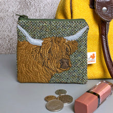 Load image into Gallery viewer, Embroidered Highland cow coin purse with zip made with green Harris Tweed by The Canny Squirrel