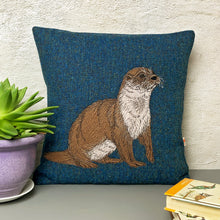 Load image into Gallery viewer, Blue Harris Tweed cushion with embroidered otter