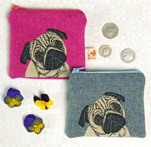 Load image into Gallery viewer, Pug coin purse - pink or blue Harris Tweed