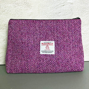 Purple Harris Tweed project bag with embroidered badger