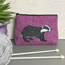 Load image into Gallery viewer, Purple Harris Tweed project bag with embroidered badger