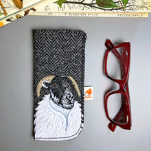 Load image into Gallery viewer, Embroidered sheep soft glasses case made with black Harris Tweed 