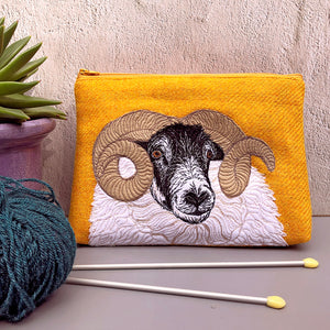 Embroidered sheep project bag made with yellow Harris Tweed by The Canny Squirrel