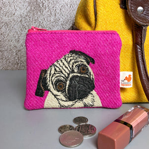 Pug coin purse made with pink Harris Tweed