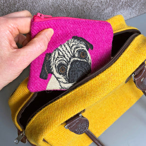Pug coin purse - pink or blue Harris Tweed