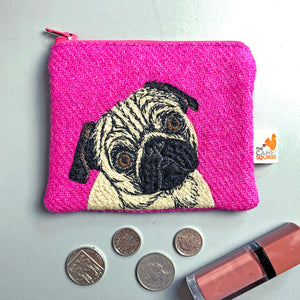 Pug coin purse - pink or blue Harris Tweed