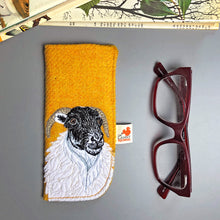 Load image into Gallery viewer, Embroidered sheep soft glasses case made with yellow Harris Tweed