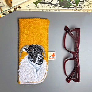 Embroidered sheep soft glasses case made with yellow Harris Tweed